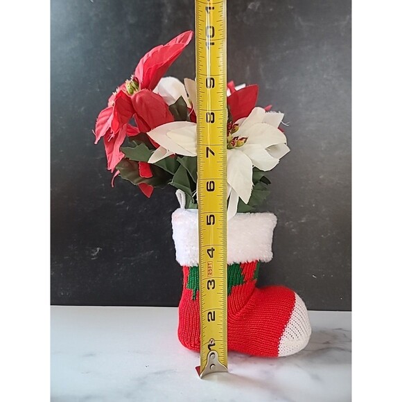 Vintage Christmas Decor Santa Boot With Faux Poinsettia Flowers - Picture 7 of 10